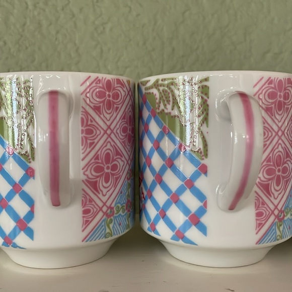 Vintage Set-of-4 Patchwork Quilt Design 8-ounce stackable porcelain mugs, Japan - Picture 7 of 14